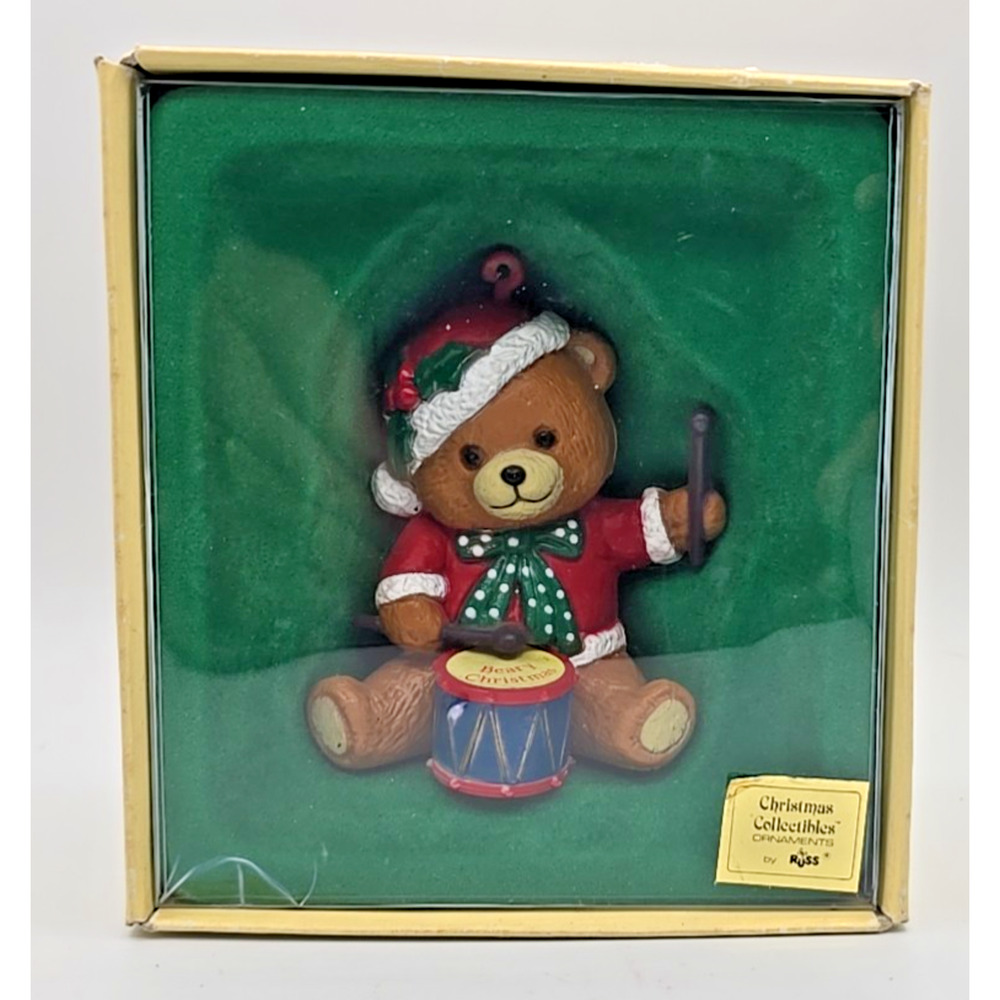 Vintage Russ Beary Christmas Ornament Santa Hat Drummer Boy Teddy in Box U328